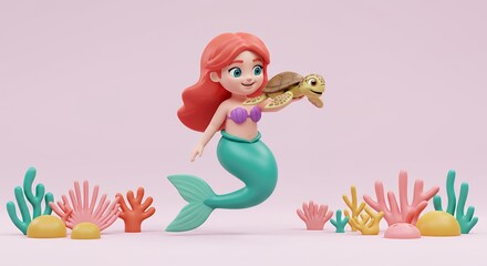 Obraz premium Cute cartoon mermaid with turtle illustration