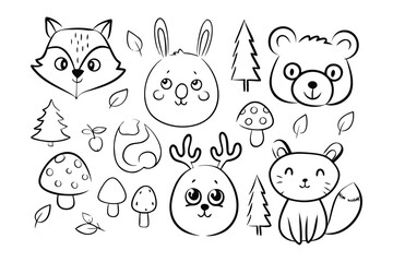 Forest Friends Line Art Illustration: A charming collection of forest animals and natural elements artfully rendered in a simple, yet elegant line art style, creating a whimsical and delightful scene.