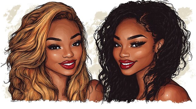 Two women with vibrant hairstyles and stylish makeup.