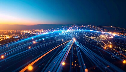 Global network, illuminated world map with city lights and glowing connections