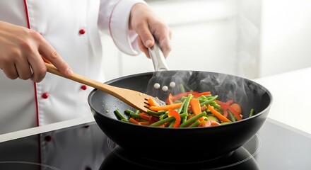 Chef preparing healthy stir fry vegetables in a wok on a stove