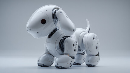 Small white robot puppy walking on a clean background, showcasing innovative technology and futuristic pet companionship