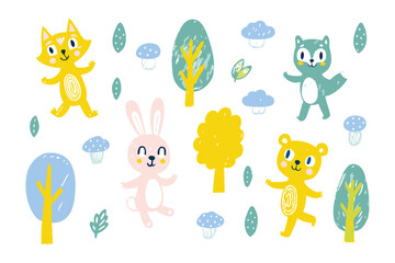 Whimsical Woodland Wonders: Adorable woodland creatures frolic amongst stylized trees and mushrooms, creating a playful scene of forest fantasy and charming allure.