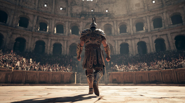 Powerful roman gladiator walking into the Colosseum arena facing cheering crowd in Rome, Italy