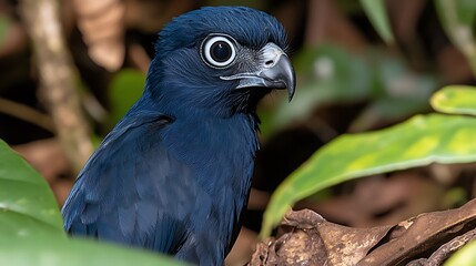 Close-up of a deep blue bird with large eyes.