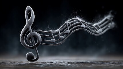 Floating musical symbols forming a wavy composition, as if carried by wind, set against a subtle studio backdrop.