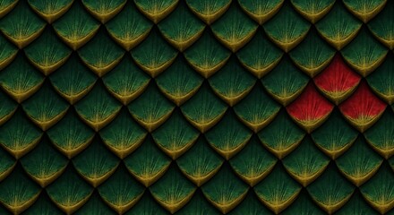 Seamless Dragon Scale Texture with Emerald Green and Gold Detailing, Red Accents