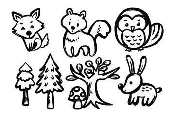 Whimsical Forest Doodle Set: Hand-drawn illustrations of charming forest elements, featuring a playful fox, adorable squirrel, wise owl, fluffy bunny, trees, and a whimsical mushroom.