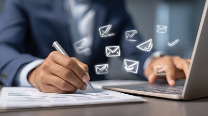 Person working on paperwork and using a laptop with email icons.