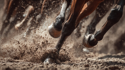 Horse racing, powerful hooves pounding dirt, generating dramatic motion and intense competitive energy
