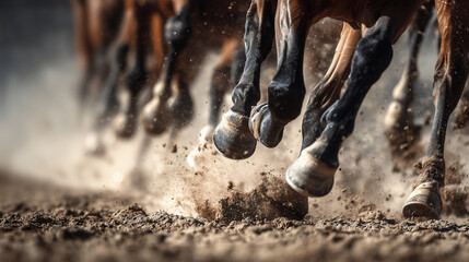 Close-up of horse hooves galloping on a dirt track, kicking up dust during a horse race