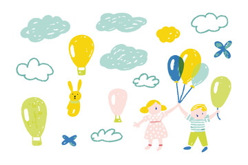 Childhood Joy: Whimsical illustration of a child's imagination, featuring hot air balloon, fluffy clouds and child with balloons. 