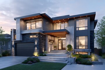 **Contemporary Villa With Elevated Entrance Steps, Dark Stone Siding, Full Glass Main Door, Linear Exterior Lights, Manicured Lawn, Hyper-Realistic Dusk Atmosphere, Clean And Cinematic Look --Ar 3:2 -