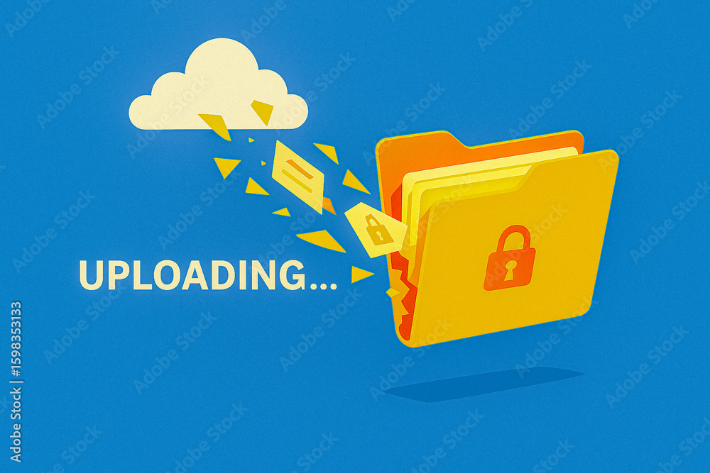 Fototapete Digital Upload: Cloud-based storage visualized through an array of files moving from the cloud into an open folder, signifying information being securely saved.