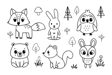 Whimsical Forest Friends: An enchanting illustration of adorable woodland creatures, each rendered in charming detail. A perfect visual for children's books, educational materials.