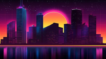 Retro futuristic city skyline at sunset.