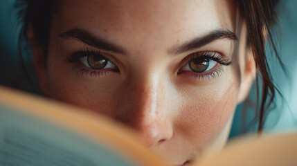 Woman reading intently, eyes riveted to book page, embodying deep intellectual absorption and quiet curiosity