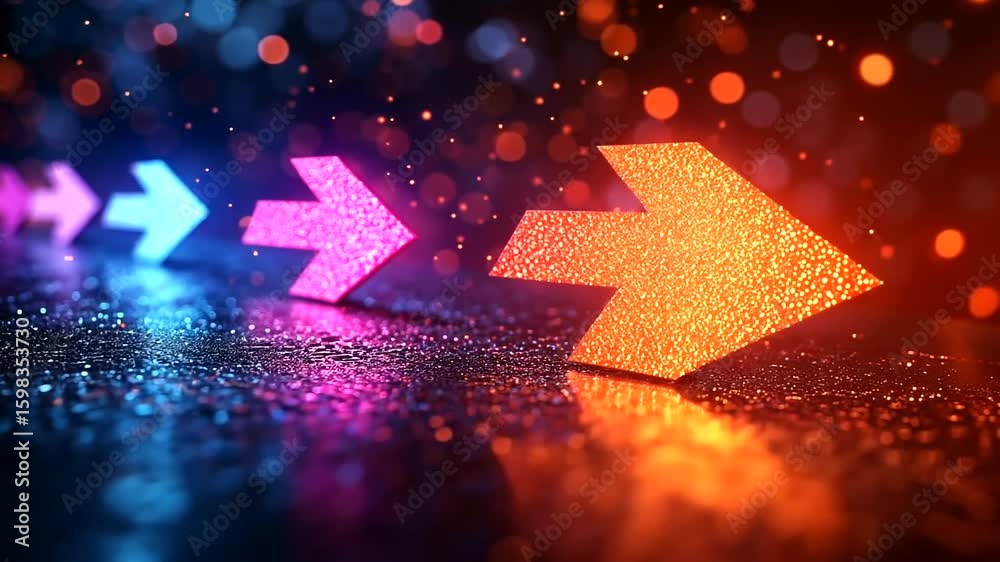 Wall mural dynamic 3d arrow sequence with vibrant neon colors and reflective surface effect