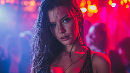 Attractive female dancing near vibrant lighting, surrounded by nightclub crowd