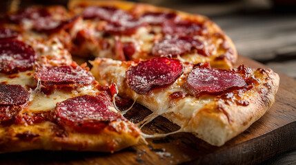 Melted mozzarella cheese stretching from salami-topped pizza slice resting on rustic wooden board