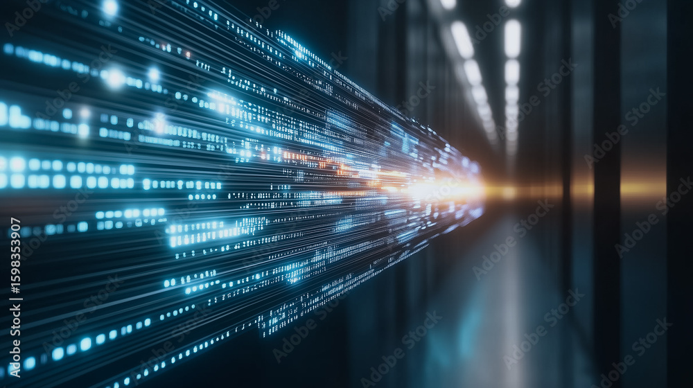 Poster digital data stream: a dynamic, futuristic visualization of digital data streaming through a virtual
