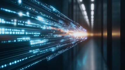 Digital Data Stream: A dynamic, futuristic visualization of digital data streaming through a virtual tunnel, embodying the essence of technology and high-speed connectivity.