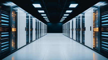 Data Center Alleyway: A symmetrical perspective captures a data center hallway lined with sleek server racks, offering a glimpse into the world of digital infrastructure, servers, and data management.