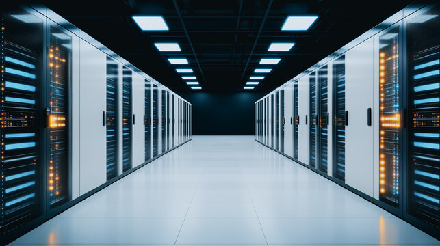 Data Center Alleyway: A symmetrical perspective captures a data center hallway lined with sleek server racks, offering a glimpse into the world of digital infrastructure, servers, and data management.