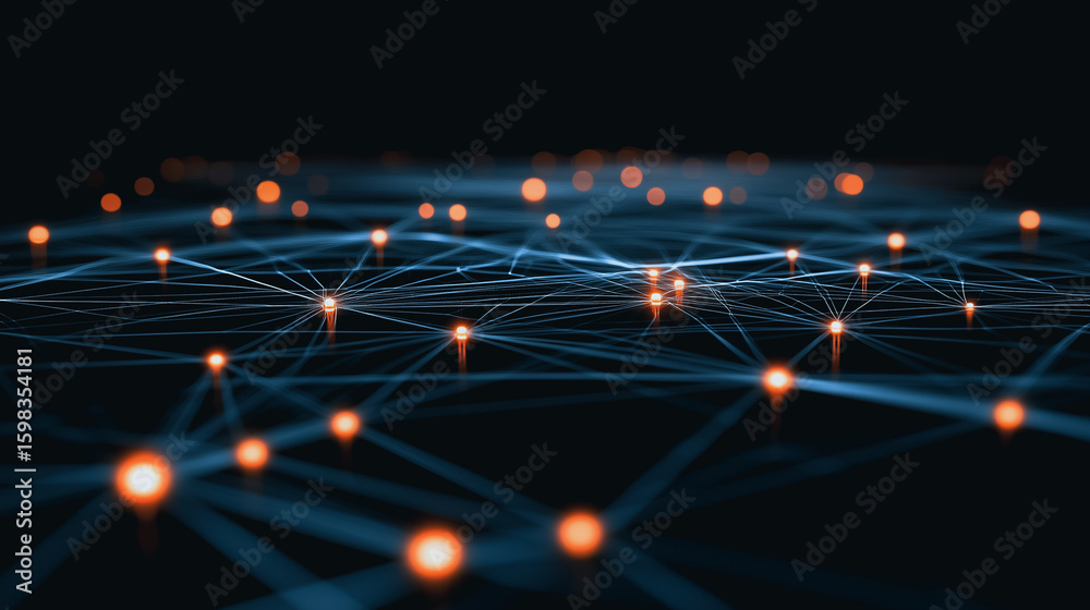 Poster network of connectivity: an intricate digital web of glowing nodes and interconnected lines illustra