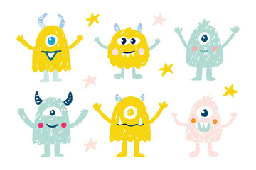 Cheerful Monster Characters: Playful, colorful, and quirky monster characters stand in a whimsical arrangement. With a blend of friendly expressions and unique designs, the image exudes joy.