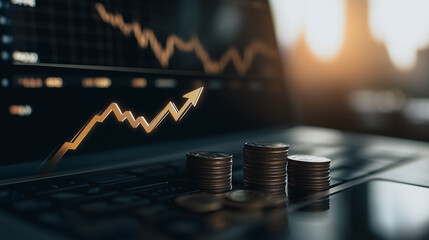 Economic Growth Visualized: A dynamic image showcasing the convergence of financial growth and technological advancement, with stacks of coins positioned near a laptop displaying a rising stock chart.