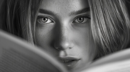 Close-up black and white portrait of a young woman with freckles holding an open book in front of her face