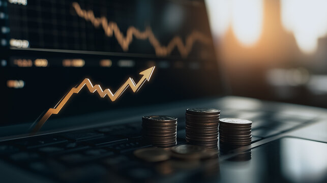 Economic Growth Visualized: A dynamic image showcasing the convergence of financial growth and technological advancement, with stacks of coins positioned near a laptop displaying a rising stock chart.