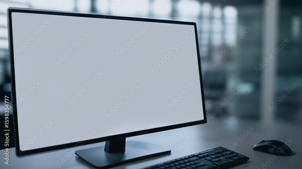 Wall mural blank computer screen in office: a minimalist setup showcases a blank computer screen in a contempor