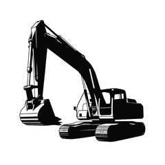 Black and white illustration of a heavy duty excavator on a white background