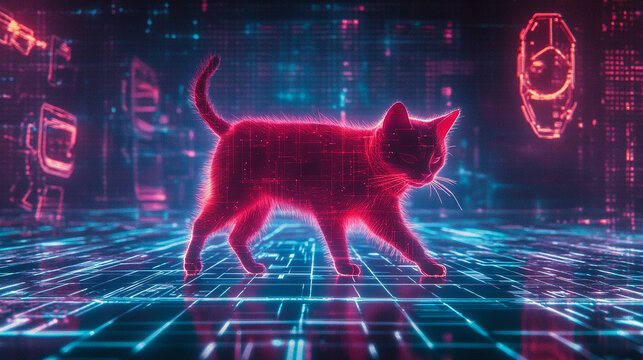 Cybernetic Cat in Digital Realm: A mesmerizing neon-lit cat strolls confidently through a vibrant, futuristic digital landscape, creating a captivating fusion of technology and life.