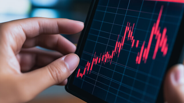 Stock Market Analysis on Mobile: A person's hand holds a smartphone displaying a dynamic stock market chart in close-up, hinting at financial analysis.