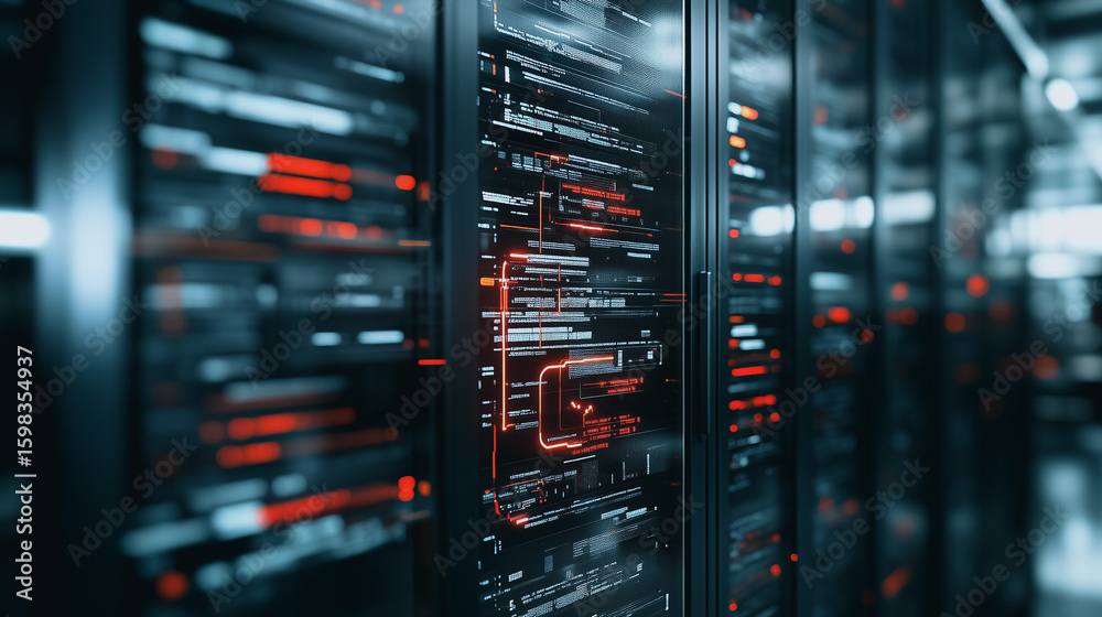 Poster digital fortress: an array of server racks pulses with data, offering a glimpse into the intricate w