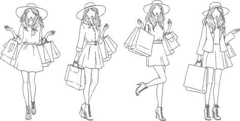 Vector art of a fashionable collection of women shopping in various poses isolated on white background in line art