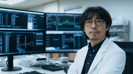 Focused Scientist: An analytical scientist immersed in the world of data analysis, surrounded by high-tech monitors displaying intricate graphs and coding interfaces.