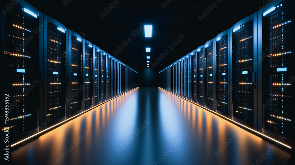 Wall mural data center alley: a perspective view of a data center, with rows of servers and the illusion of dat