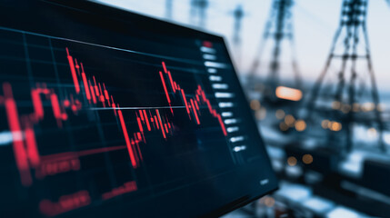Market Downturn: A stark representation of a market downturn with a red candlestick chart on a computer screen, juxtaposed against a backdrop of electrical pylons.