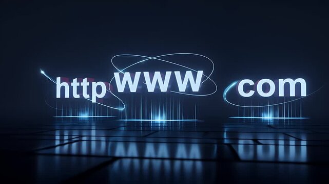 Abstract digital sculptures shaped as http www com floating in futuristic virtual space