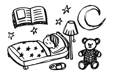 Sweet Dreams Illustration: Charming sketch depicts a child sleeping soundly, embraced by the tranquil essence of bedtime, complete with stars, a bedside lamp, and a cherished teddy bear. 