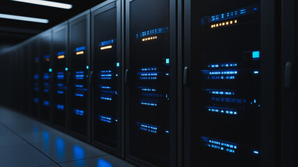 Server Room Elegance: Modern server room showcasing a meticulous network infrastructure with rows of powerful servers, radiating data and security in a futuristic setting.