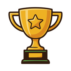 Golden trophy with a star on the front, sitting on a black and green base.