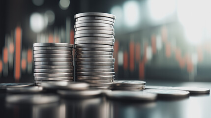 Stacked Coins: Capturing the essence of financial prosperity and economic growth, a collection of coins ascends gracefully against a backdrop of fluctuating market indicators. 
