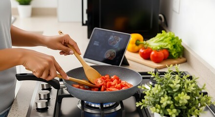 Person cooking tomatoes in a wok while following a recipe on a tablet