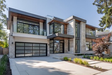 **Luxury Modern Residence With Glass Balcony, Natural Stone Cladding, Horizontal Lines, Clean Concrete Path, Landscaped Driveway, Ultra-Detailed Sunlight Shadows, Realistic Suburban View --Ar 3:2 --V 