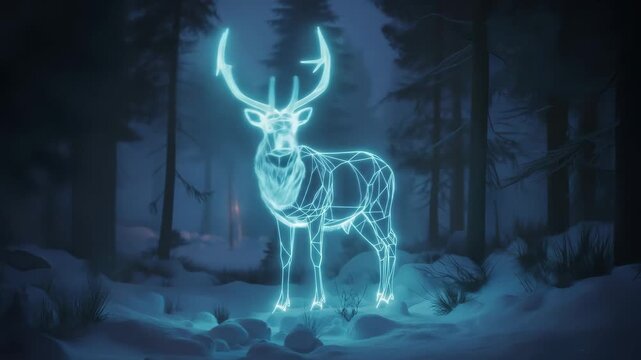 Digital glowing deer in winter forest. Holographic animal outline for futuristic nature concept. Virtual reality footage.